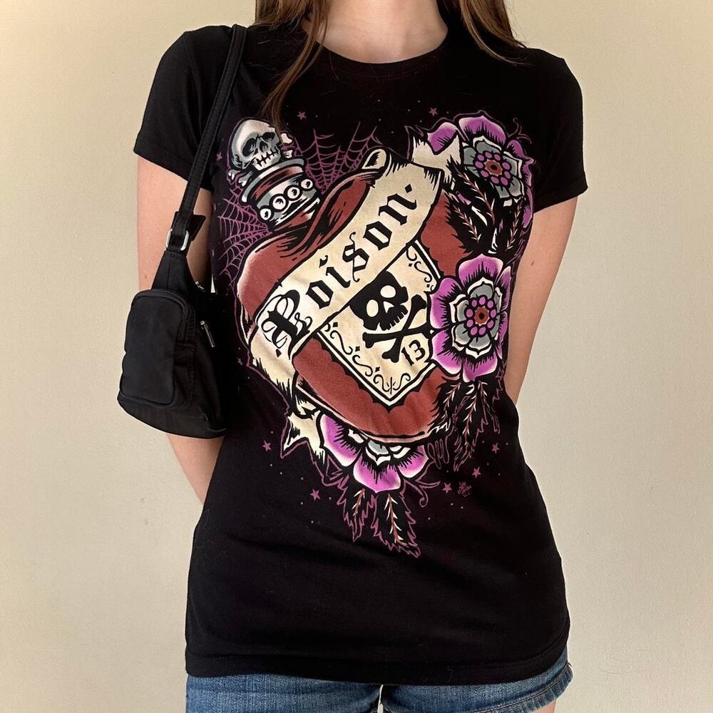 Lucky 13 Poison Heart Skull Skater Grunge Punk Short Sleeve T Shirt - Size Large